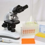 Photo - microscope and test tubes. Research in frozen pregnancy. 