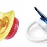 On the left is a latex pacifier, on the right is a silicone pacifier.
